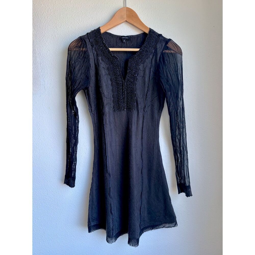 KOMAROV Vintage Black Crinkle Embroidered Mini Dress Tunic Fairy Womens Small